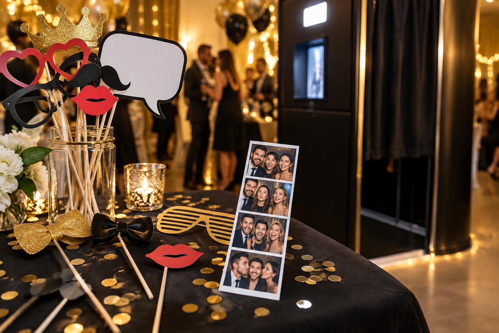 Photo booth props and printed picture strips on a party table